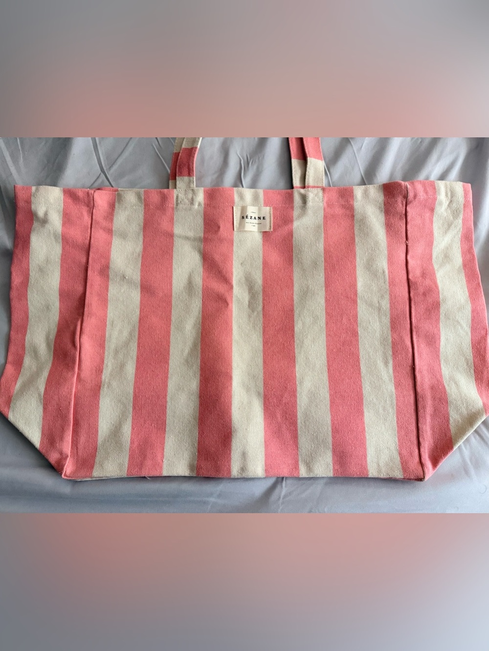 Sezane Pink and Cream Striped Canvas Tote